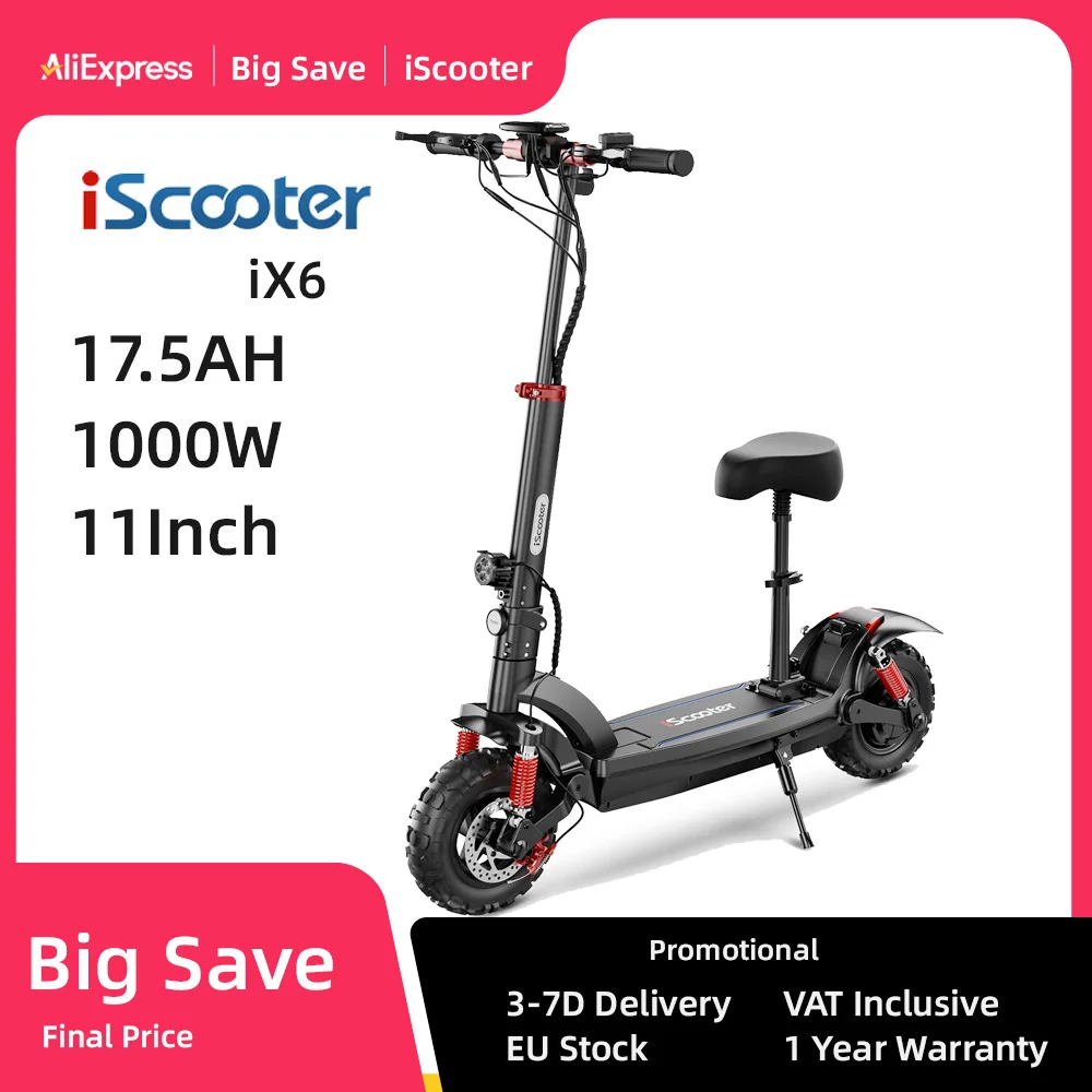 iScooter iX6 1000W Electric Scooter 11 inch EScooter 17.5Ah 25 km/h 55-65km Range Powerful Electric Scooter Foldable E-Scooter