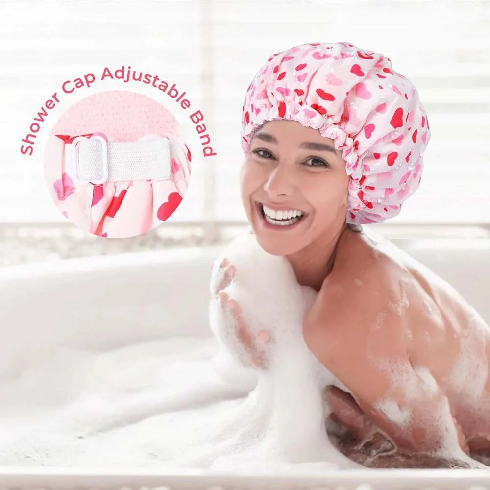 Shower Cap for Women Terry Lined Bath Cap Large Reusable Waterproof Elastic Band Pink Shower Caps for Long Thick Hair Soft Bath