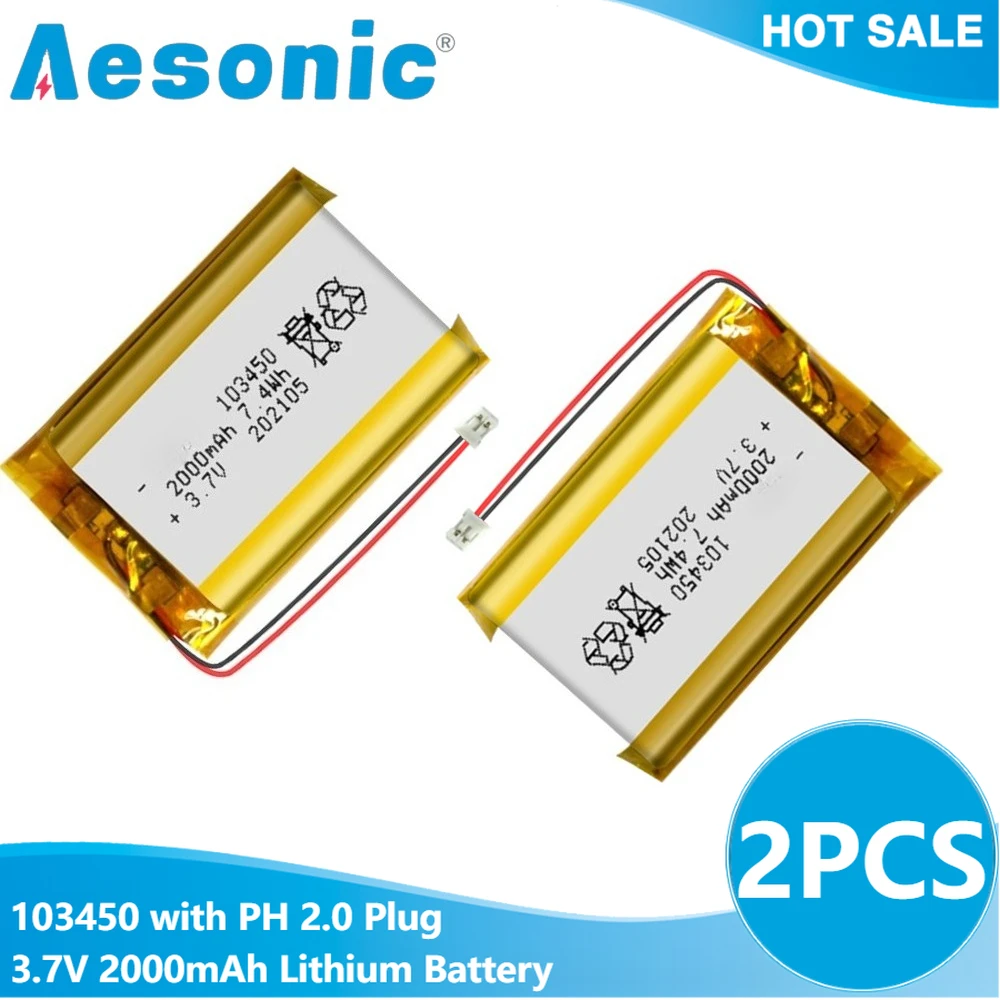 

2 шт. 103450 с вилкой PH 2,0, 3,7 В, 2000 мАч, литиевая аккумуляторная батарея для цифровой камеры, GPS-навигатора, MP5, Bluetooth-гарнитура