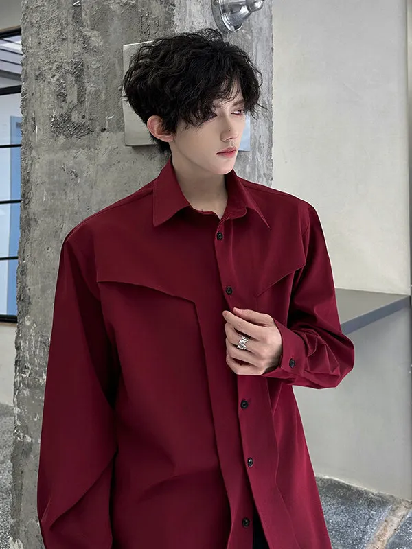 

Deconstructed Long Sve irt Men's Wine Red Hair St High Faion irt Cleanfit Haome Coat Loose Fit Splicing Proc