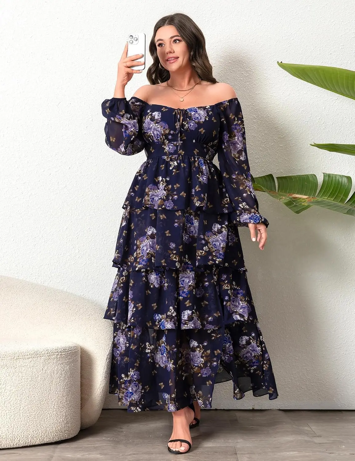 Long Sleeve Floral Tiered Semi Formal Wedding Guest Dress
