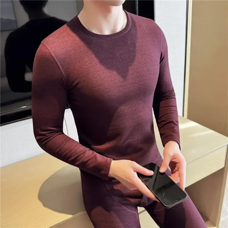 Autumn Winter Solid Seamless Thermal Underwear Sets Men's Abraded Comfortable Elastic Crew Neck Slim Fit Fleece Tops + Pants Set