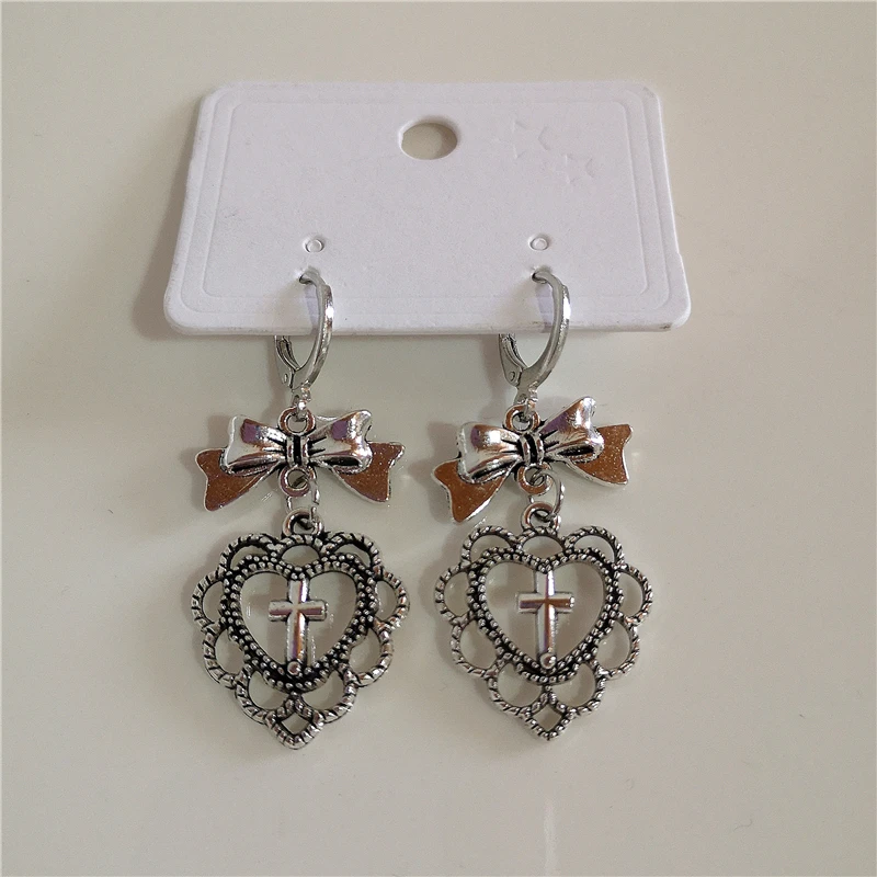 Gothic Vintage Love Heart Cross Bowknot Pendant Earrings For Women Y2K Fashion Ear Buckle EMO 90s Aesthetic Charms  Accessories image 2