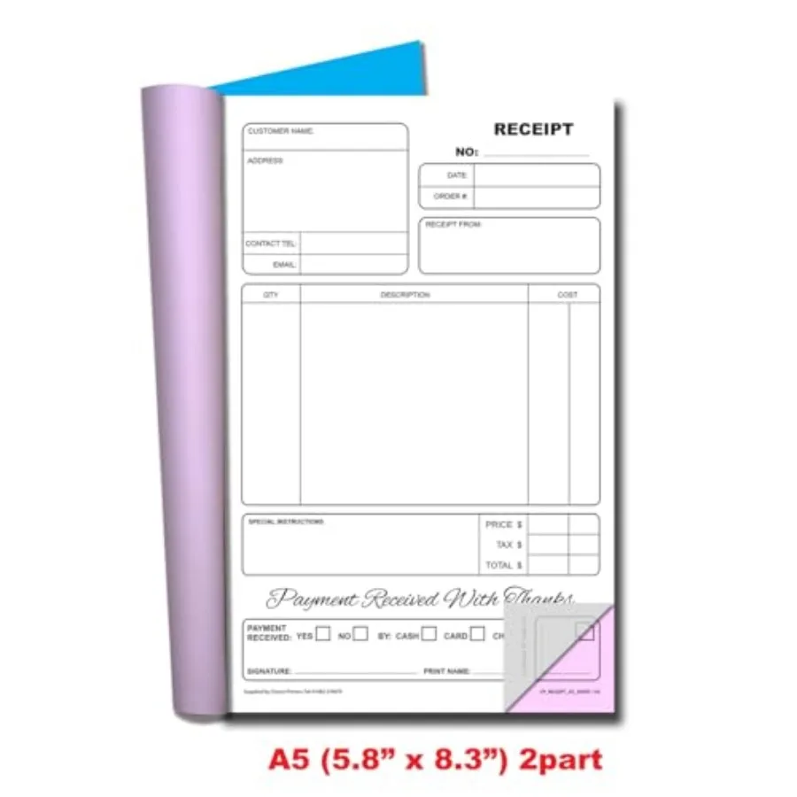 Receipt Book 2pt A5 5.8 x 8.3 Inches 40 Sets Duplicate carbonless receipt sets for professional business records