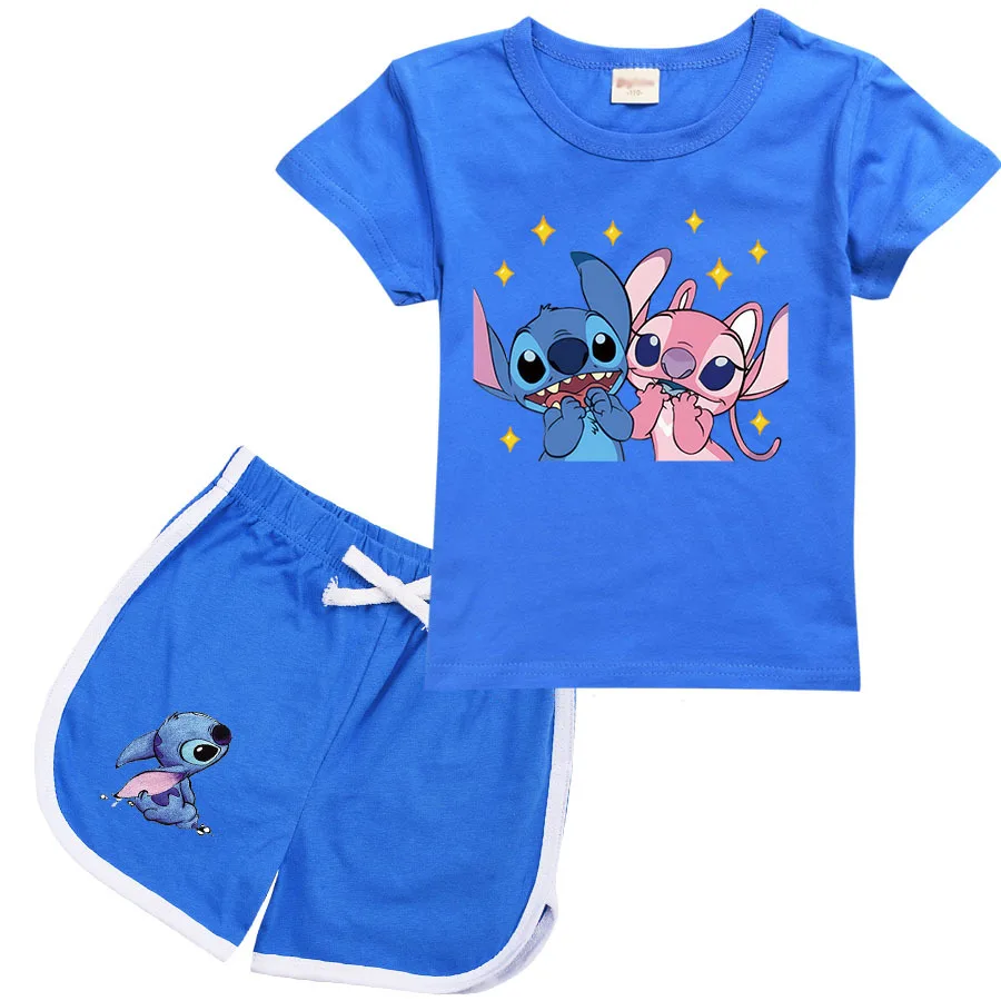 Stitch Kids T-shirt Shorts Set Anime Angel Children Sport Clothes Kawaii Summer Girl Boy Tees Pants 2pcs Pajamas Birthday Gift