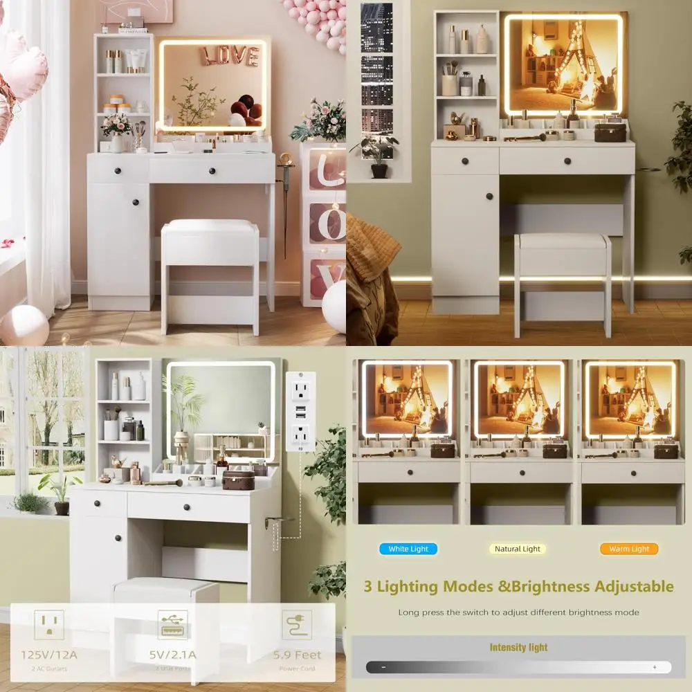illuminated vanity desk with mirror, 11-light hollywood style, and multi-tier storage