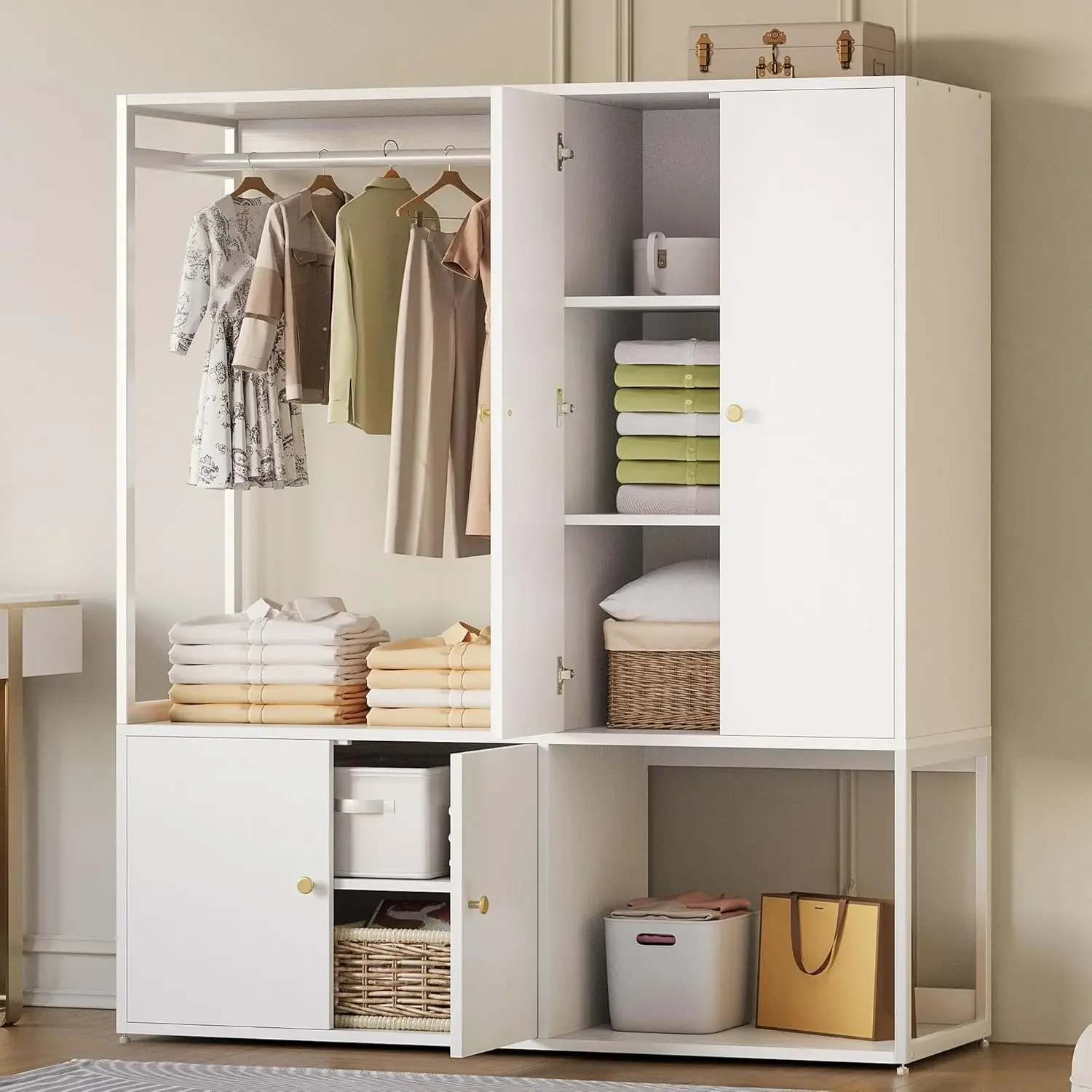 White Large Armoire Clothing Storage Cabinet Pantry with Hanging Rod, Shelves and 4 Doors for Bedroom, Living/Laundry Room