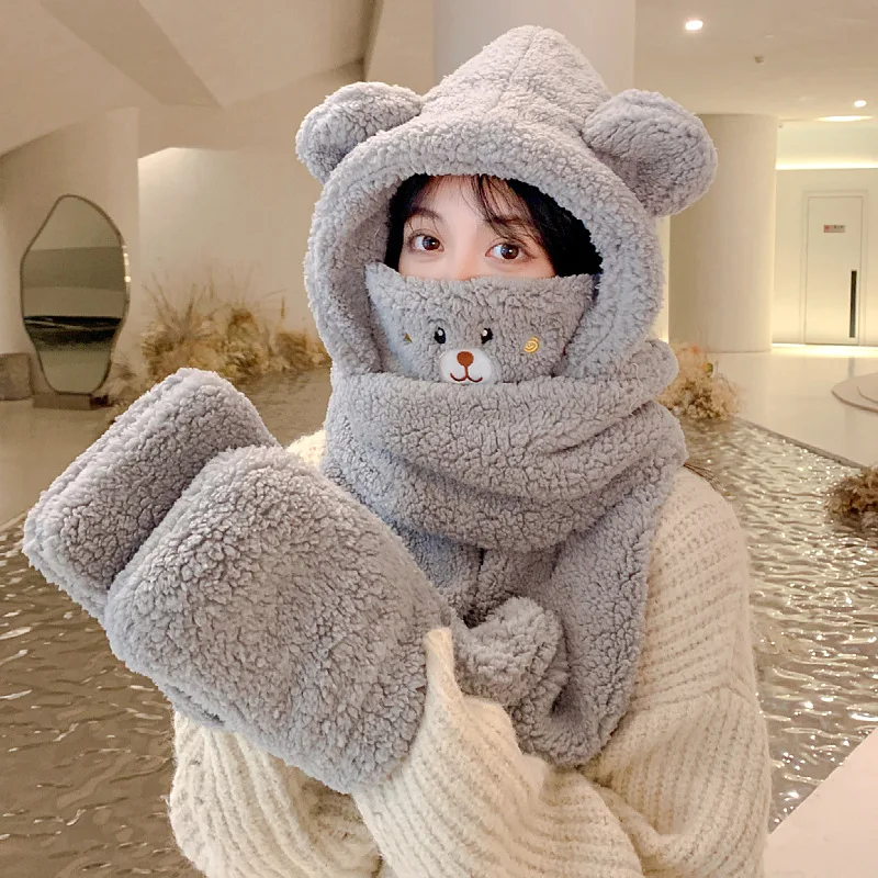 المرأة قبعة قبعة الشتاء المرأة لطيف بالاكلافا الدب الصغير قبعة وشاح قطعة واحدة قفاز ثلاثة في واحد سميكة قبعة صوفية دافئة