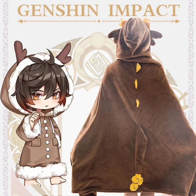 Genshin Anime Blanket Hoodie Cloak Zhongli Pajamas Blanket Wearable Cloak Cape Xiao Cosplay Flannel Shawl Blanket Comfy Homewear