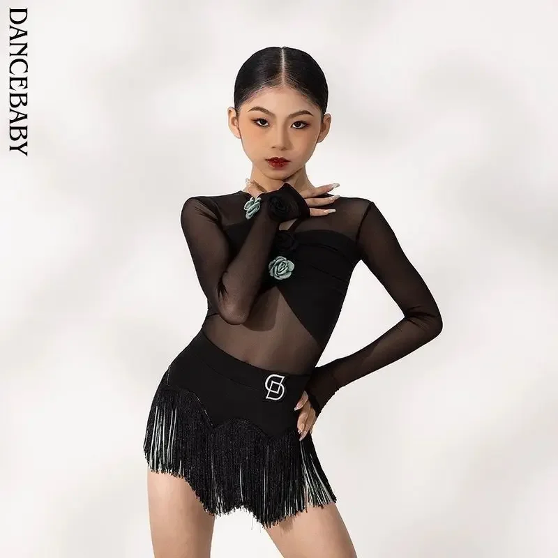 소녀 플라멩코 의상 섹시한 프린지 드레스 여성 여성 댄스 슈트 전문 라틴 댄스 드레스 메쉬 라틴 드레스