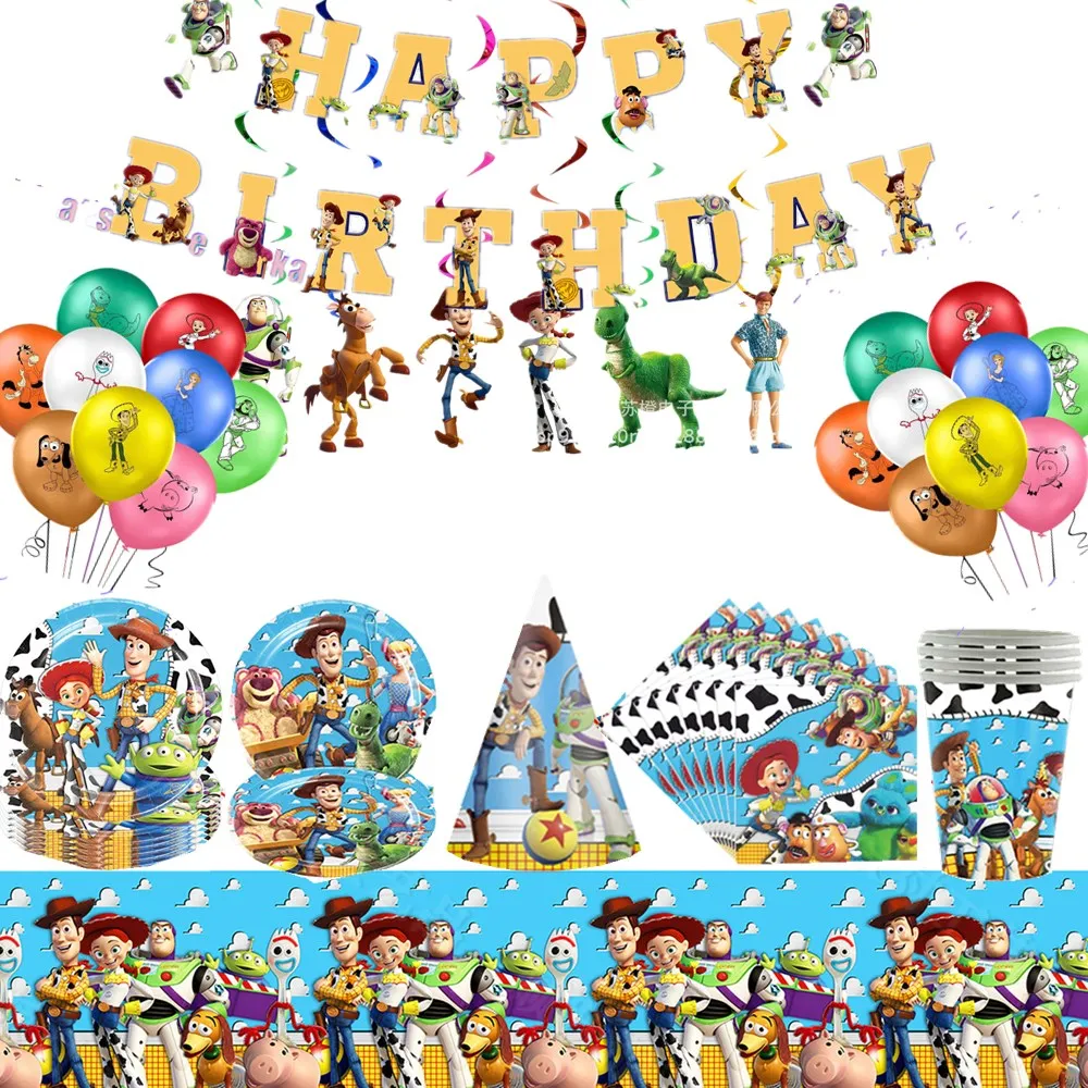 

Disney Toy Story Birthday Party Supplies Plates Cups Tablecloth Balloons Flags Candy Boxes Baby Shower Party Supplies