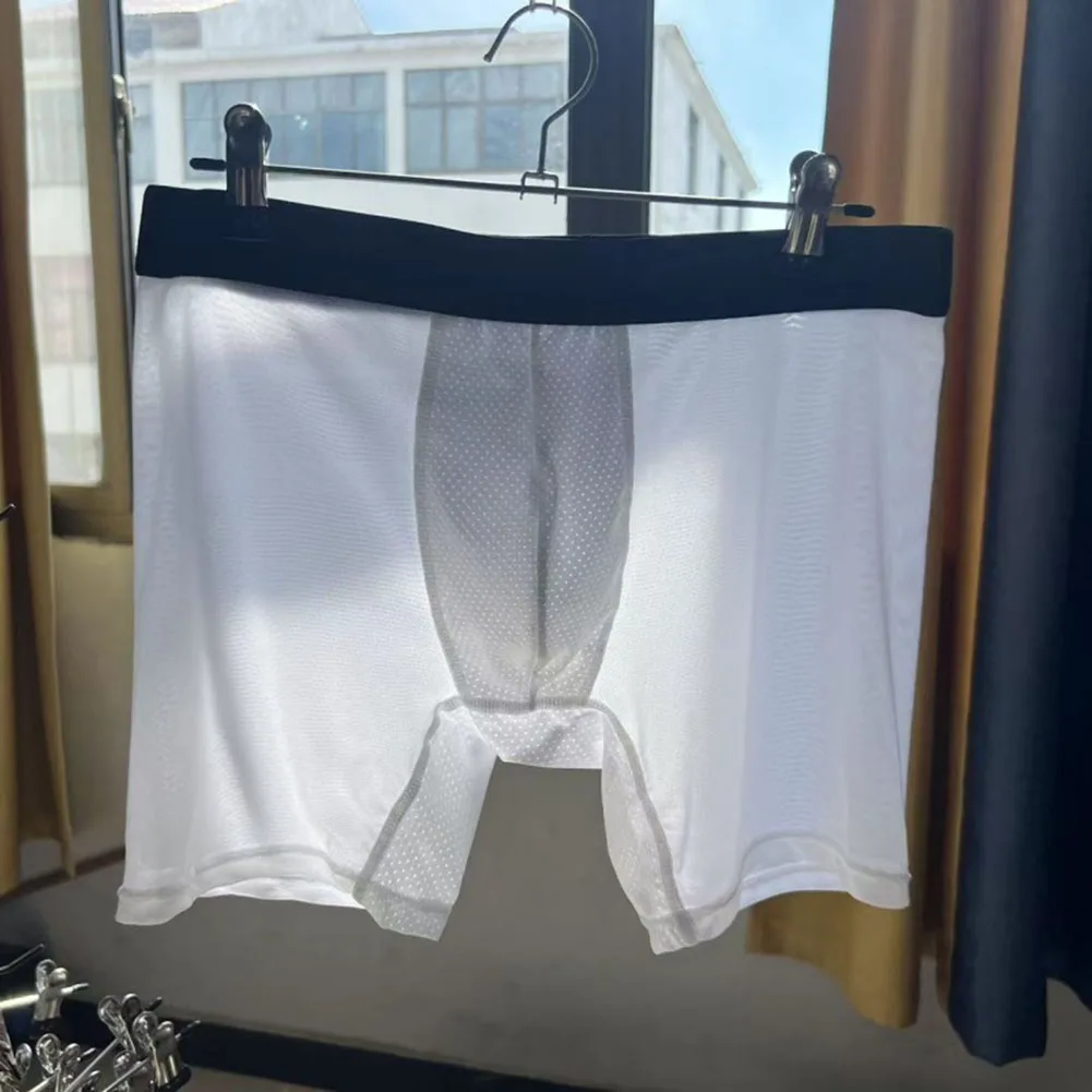Men Mesh Transparent Long Leg Shorts Bulge Pouch Sexy Lingerie Mid Waist Breathe Boxers Ultra-Thin Trunks Hollow Men's Clothing