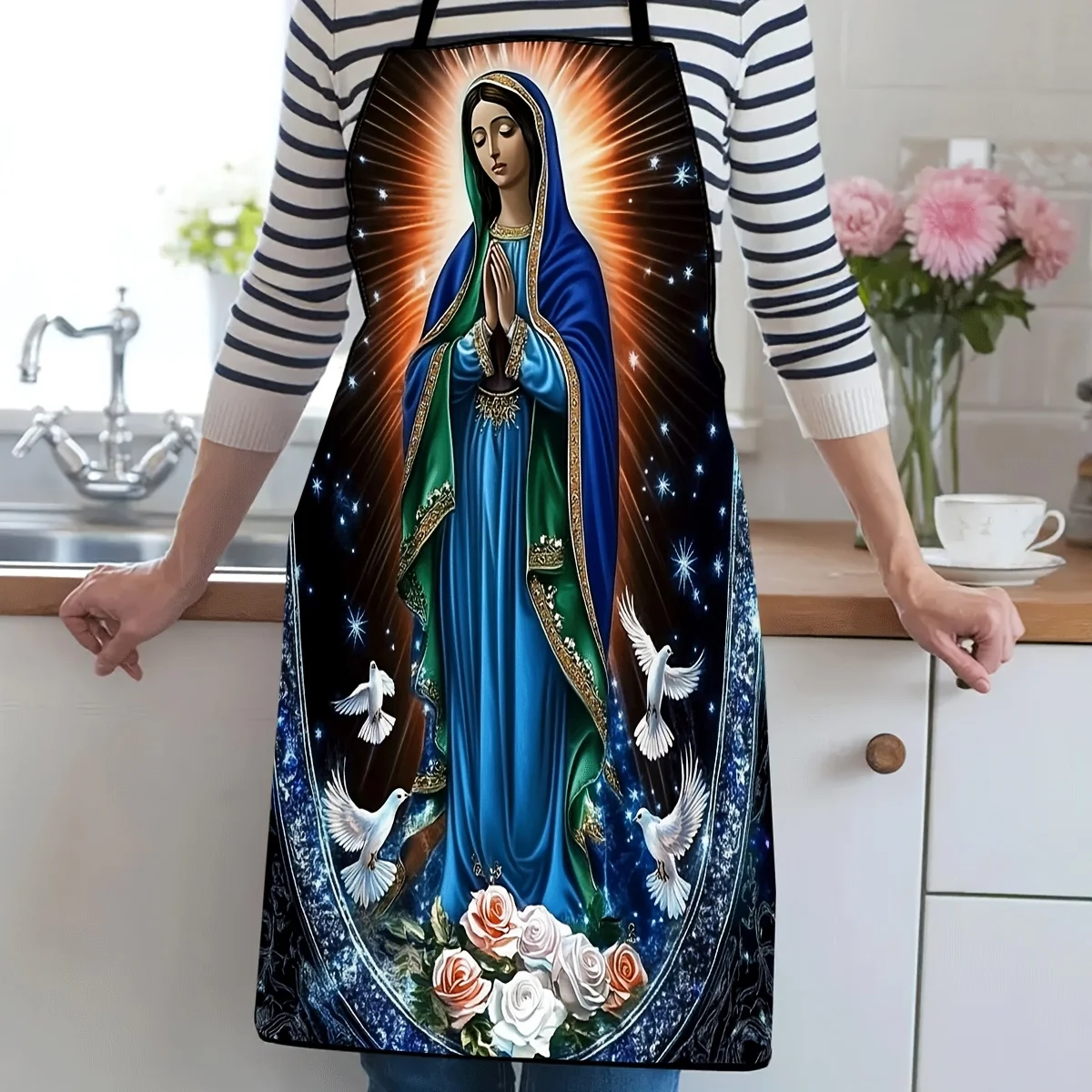 

Фартук с рисунком «Леди Гваделупской» в синем платье, подходит для садоводства, выпечки, барбекю, приготовления пищи, многофункциональной кухонной одежды