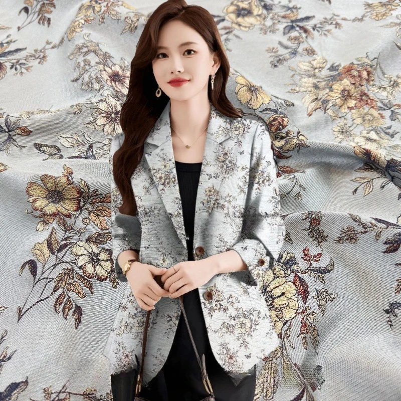 

Chinese Ethnic Flower Jacquard Suit Fabric Yarn Dyed Windcoat Set Vest Brocade Pillow Tablecloth Diy Sewing Cloth By Meter