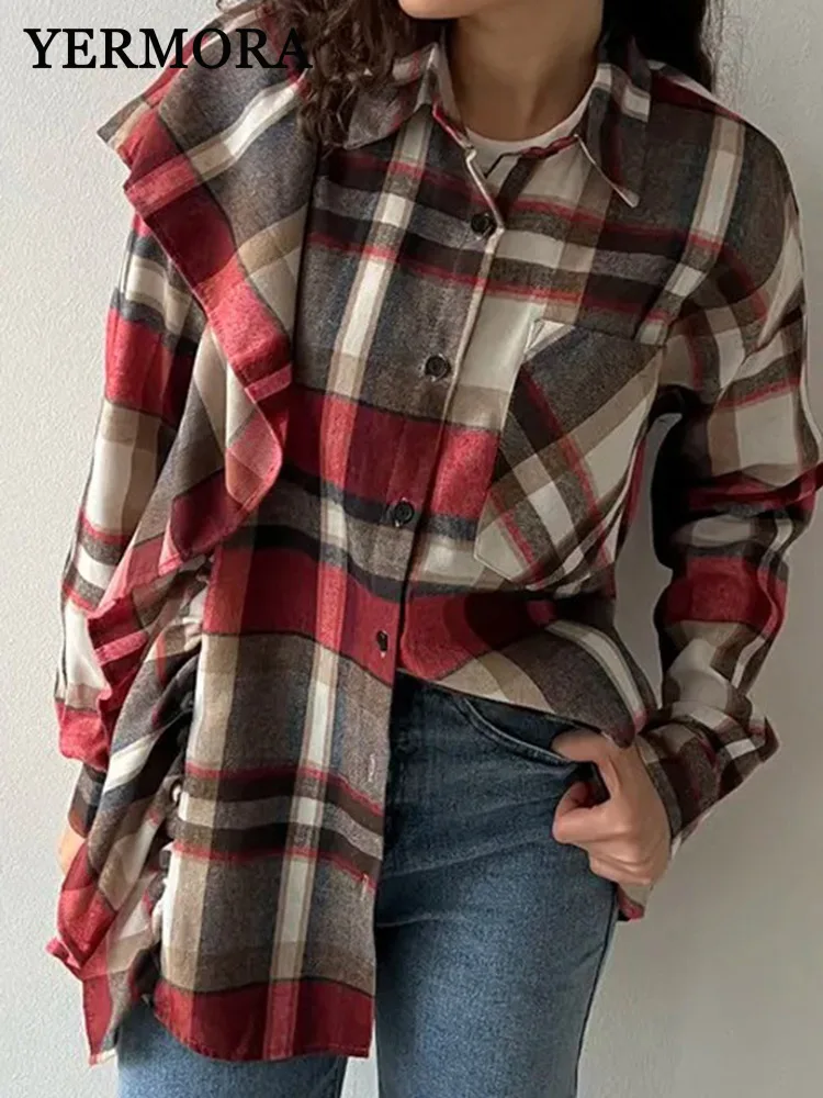 

YERMORA Red Plaid Asymmetric Ruffles Casual Blouse For Women Lapel Long Sleeve Loose New Shirt Fashion Tdie Spring Summer 2025