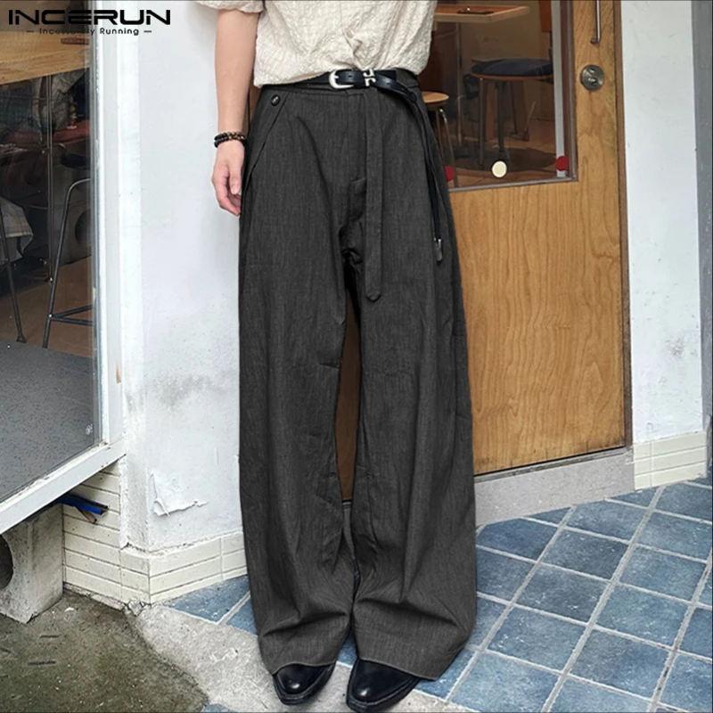 INCERUN 남성 바지 솔리드 컬러 루즈 버튼 조거 캐주얼 스트레이트 바지 남성 스트리트웨어 2025 패션 남성 롱 팬츠 S-5XL