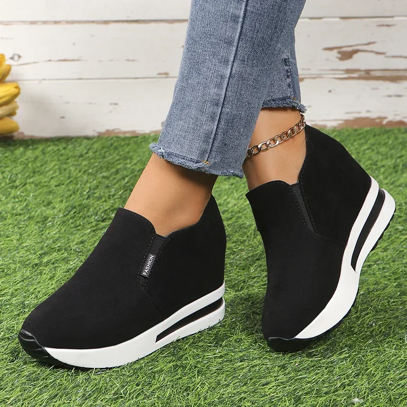 Black Women Casual Shoes Platform Wedge Women Fashion Sneakers Women Summer Shoes Slip On Loafers Vulcanize Shoes