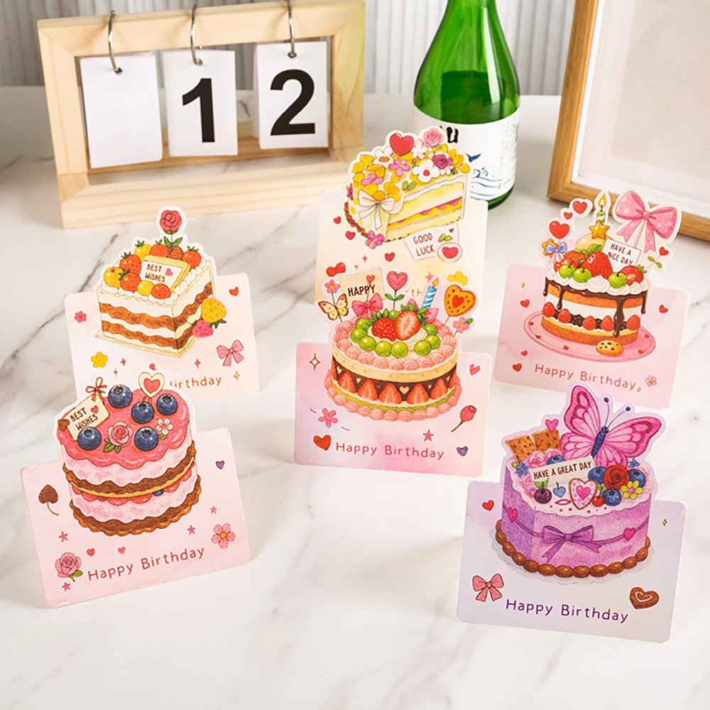 Imagen 3: Tarjeta de felicitación creativa para pastel de cumpleaños 3D de acuarela, mensaje de bendición, tarjeta pequeña, tarjeta de regalo de recuerdo, 6 uds.