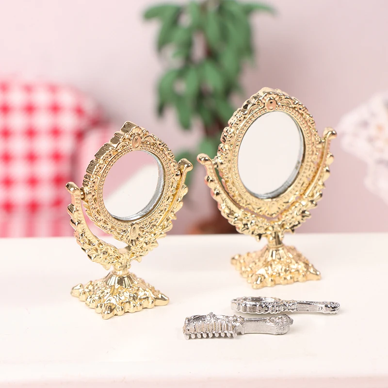 1Set 1/12 Doll House Miniature Vanity Mirror Comb Handheld Mirror Model DIY Dollhouse Decor Accessories For Kid Pretend Play Toy