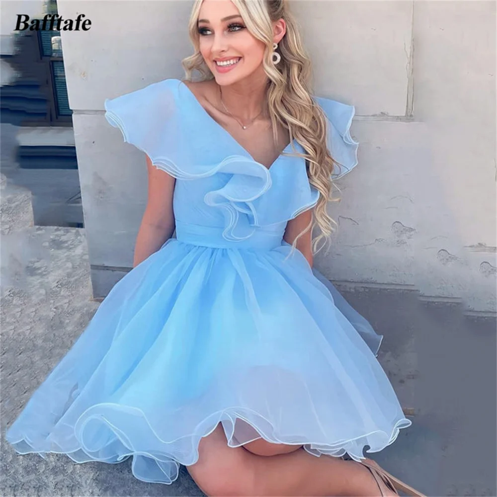 

Bafftafe Sky Blue Organza Prom Dresses Cap Sleeves V-neck Women Homecoming Gowns Customized Formal Party Special Occasion Gown