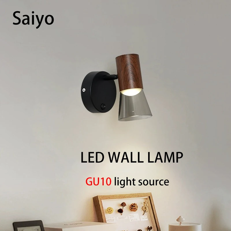 Led Wall Lamp Bedside Bedroom Light GU10 Bulb Replaceable Light Source Modern Reading Soft Spot Adjustable Angle Wood Color 7W