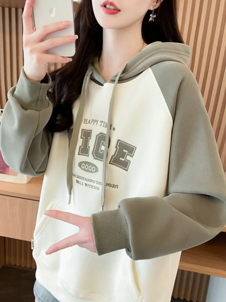 American Retro College Fashion Brown Color Blocking Youth Casual Sports Loose Soft Printed Letter Drawstring Hooded Sweatshirt