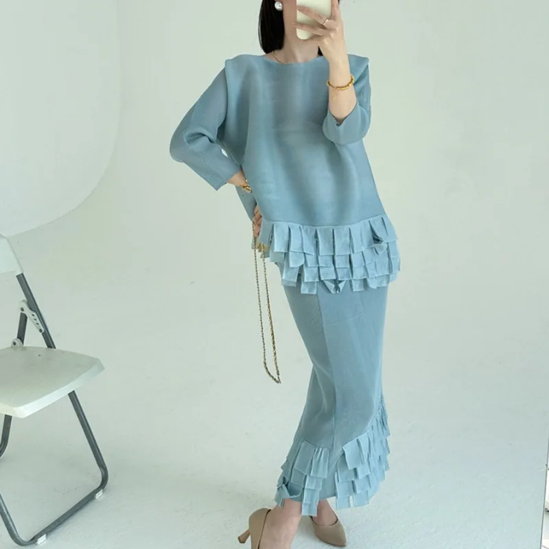 

Женский комплект Miyake: плиссированная футболка с длинным рукавом и юбка-рыбка, новинка 2026 года, свободный крой, тонкий, модный, для повседневной носки и выпускного вечера, легкий