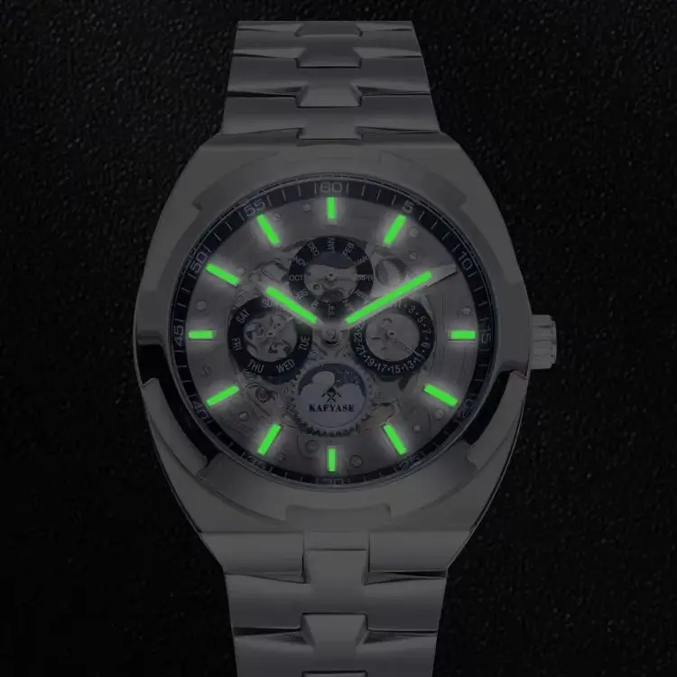 KAFYASE Men Automatic Watch 42mm Vintage Mechanical Wristwatch Luminous Sapphire 5ATM Multi-Dial Month Week Date Moon Phase
