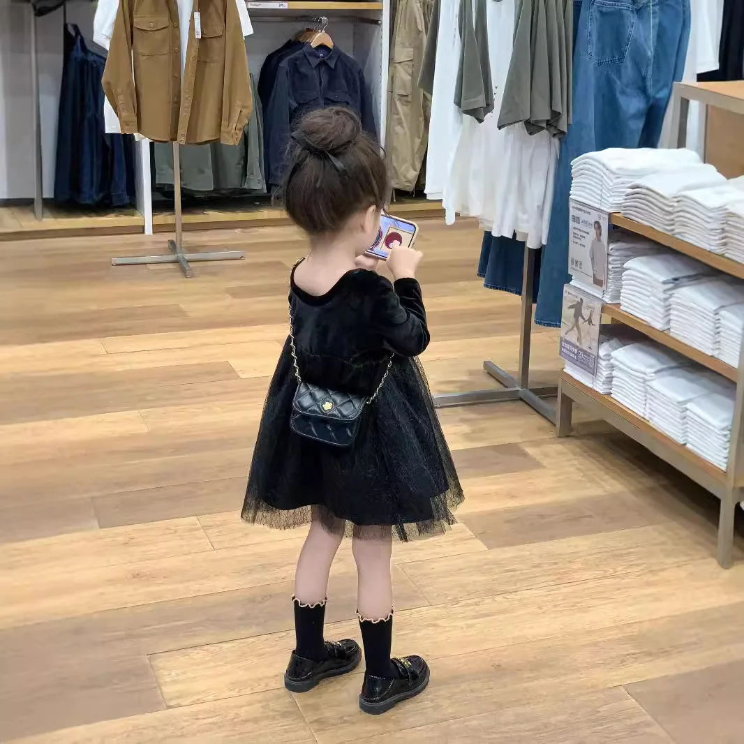 Girls Black Dress Children 2024 New Autumn Collection Fashion Simple Casual Style All-match Skirt Korean Simple Style Dress