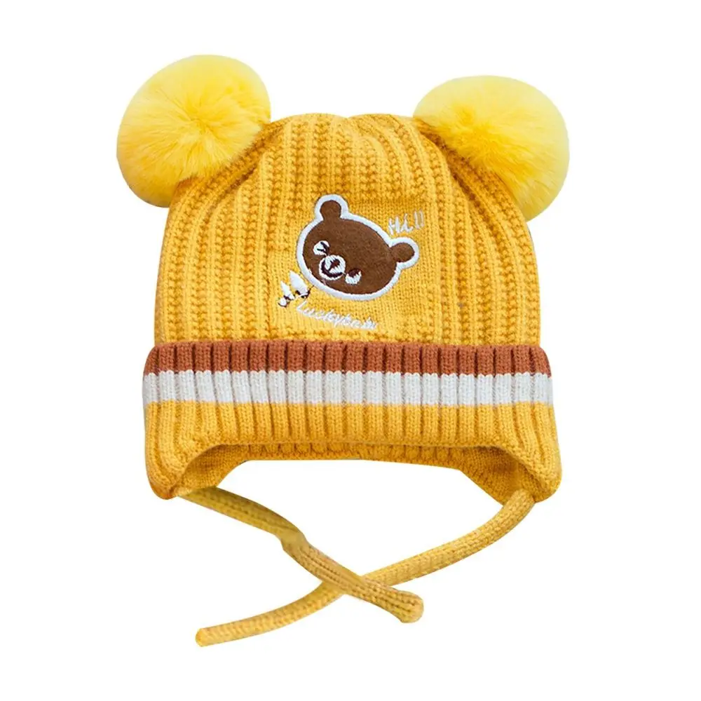 1-3Year Windproof Solid Color Baby Knitted Hat Plush Ball Cute Children Warm Cap Cartoon Soft Beanie Hats Newborn Toddler