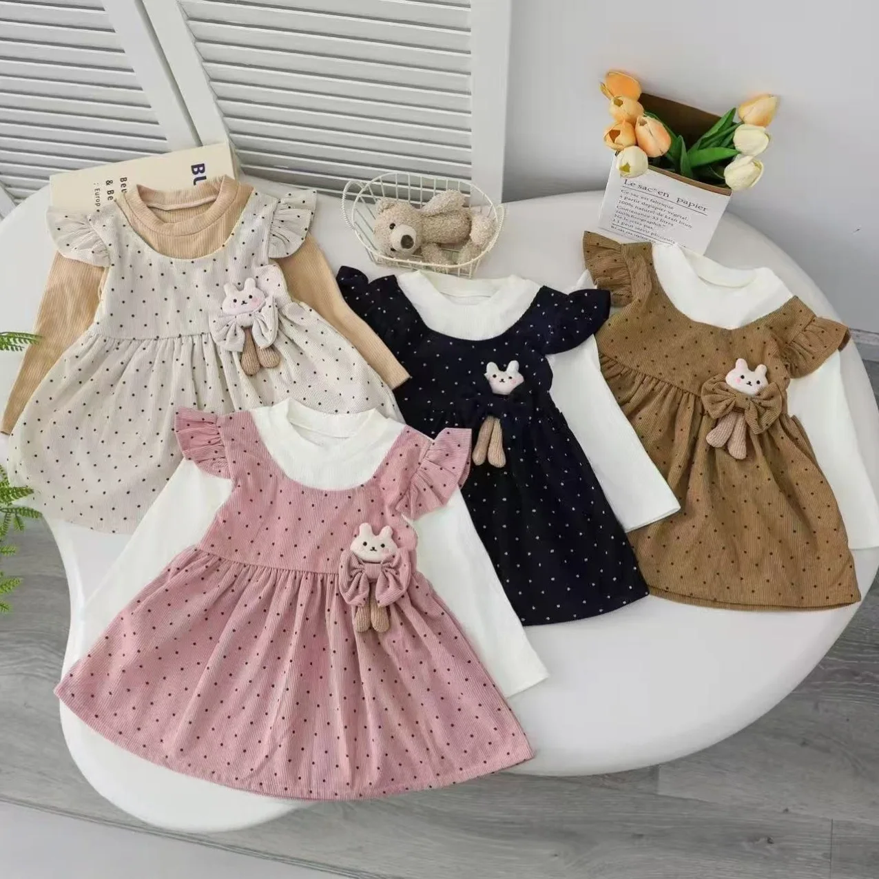 2026 New Bunny Bow Polka Dot Printed Cotton Dress For Baby Girl Long Sleeved Dress For Kids Autumn Clothes