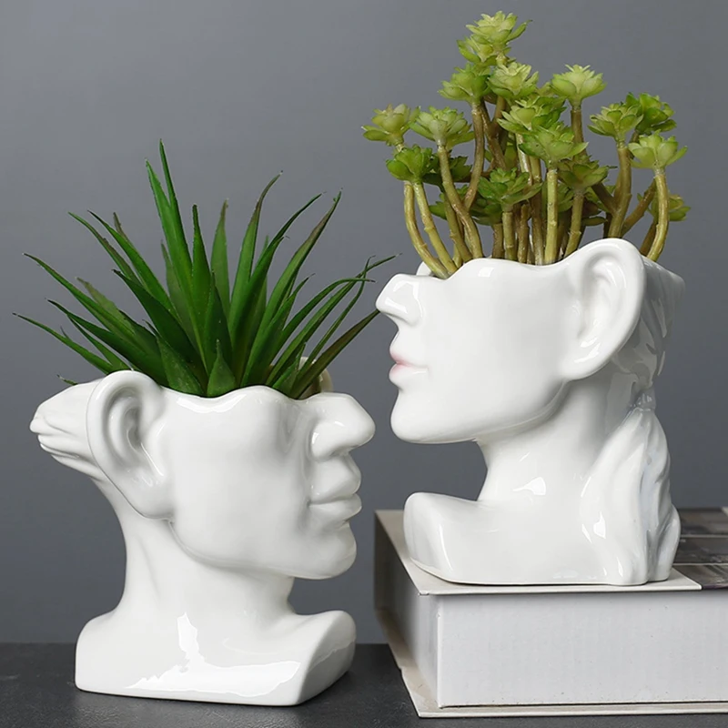 Portrait Statue Vase Planter Nordic Succulent Flower Pot Ceramic Indoor Desktop Plant Decoration With Drainage Hole