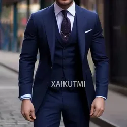 Navy Blue 3 Pieces Casual Male Suits Slim Fit Notched Lapel Formal Best Men Wedding Groom Wear Blazer Tuxedos Trajes De Hombre