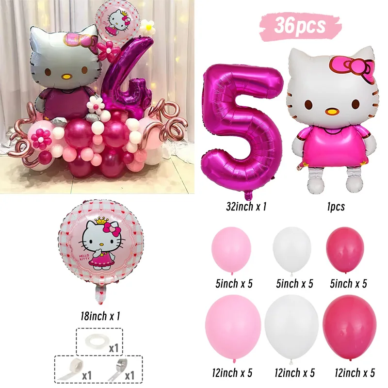 Zestaw 36 sztuk Hello Kitty numer balon z folii aluminiowej z lateksu helowego balonowa dziewczyna dekoracja urodzinowa przybory dla niemowląt