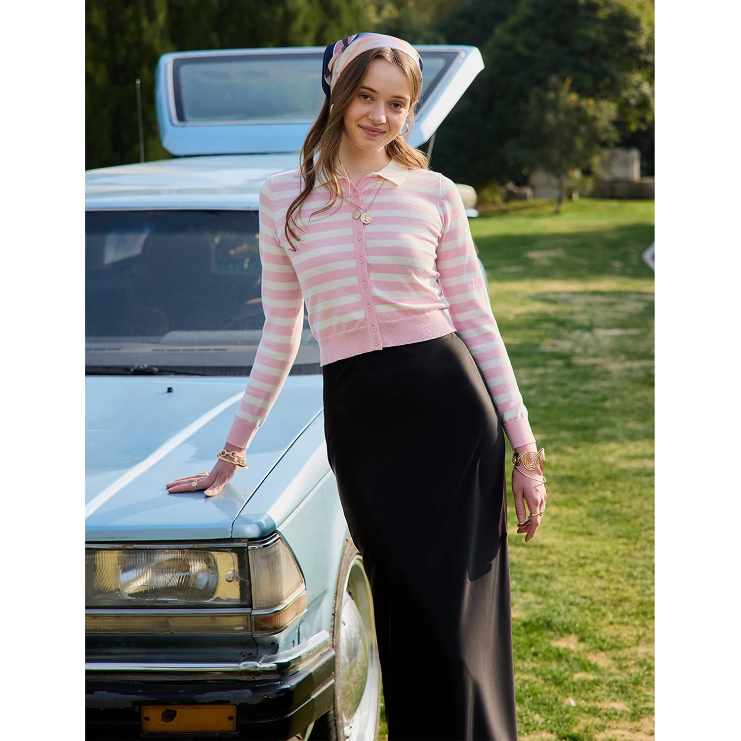 AP SS26 Women Stripe Knitting Cardigan Turndown Collar Elegant Clothing