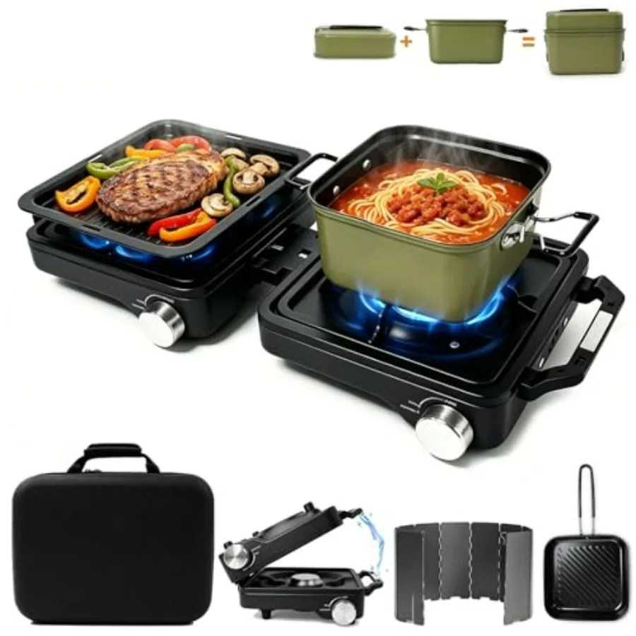 

Camping stove for tailgating and picnic use, stainless steel and aluminum alloy, black, 24000 BTU dual burner with windscreen,