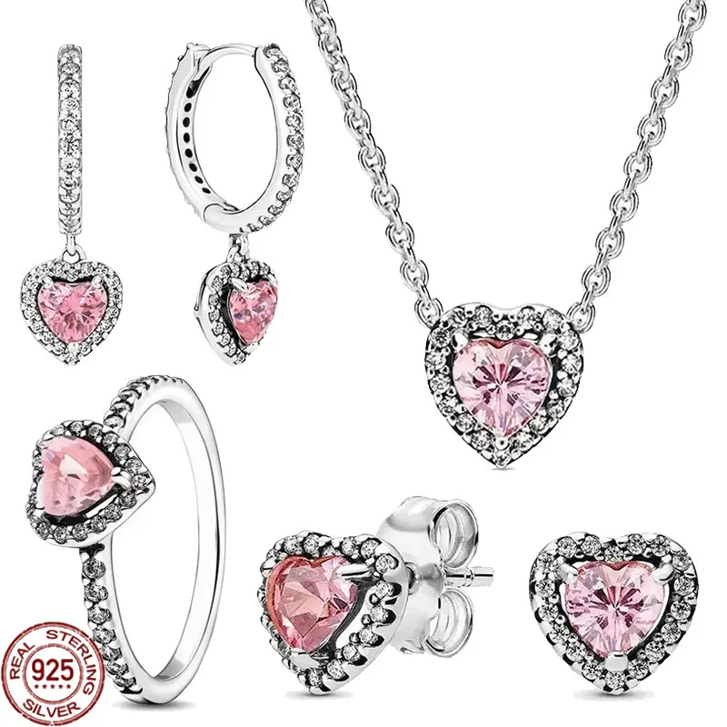 

Classic 925 Sterling Silver New Pink Heart shaped Series Exquisite Earrings Necklace Ring Charm Women's Jewelry Festival Gift