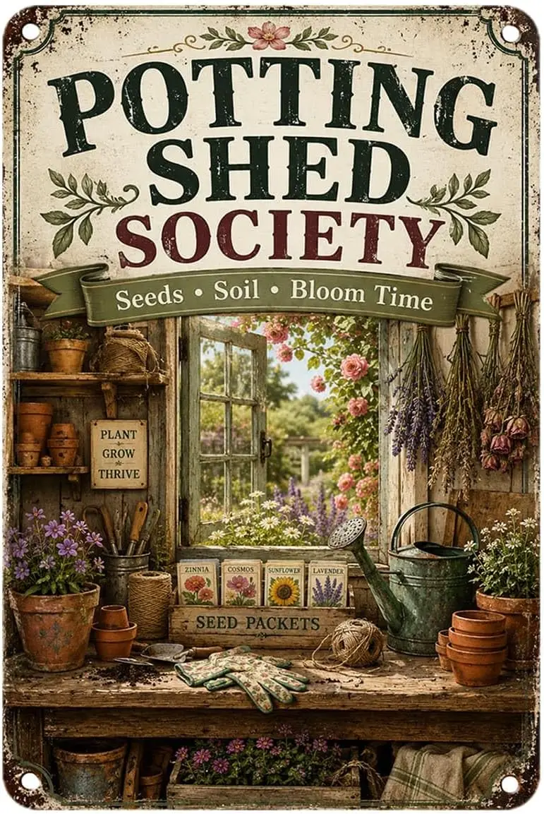 Potting Shed Society Garden Flowers tin Sign, Vintage Potting Shed Society Seeds Soil Bloom Time Metal Signs Aesthetic for Home