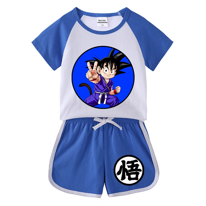 2 stks Dragon Ball T-shirt + shorts Kinderkleding Cartoon Anime Korte Mouw Pak Kid Goku Trendy Thuis Kleding geschenken Cool Tee