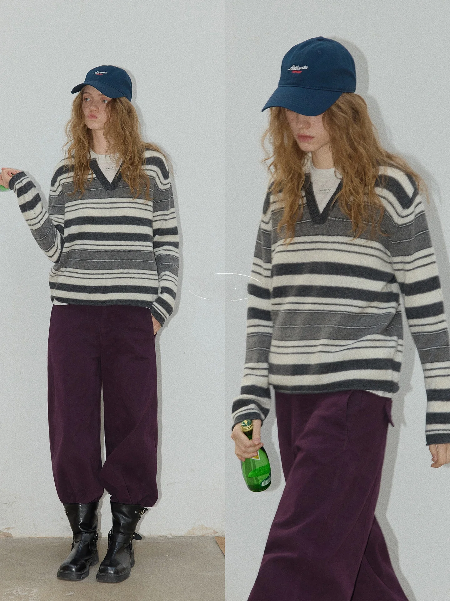 

Женский свитер BMLT Night Watch 00 из шерсти, вязаный, с V-образным вырезом, в полоску, повседневный, базовый, свободного кроя, в корейском стиле, длинный, термо