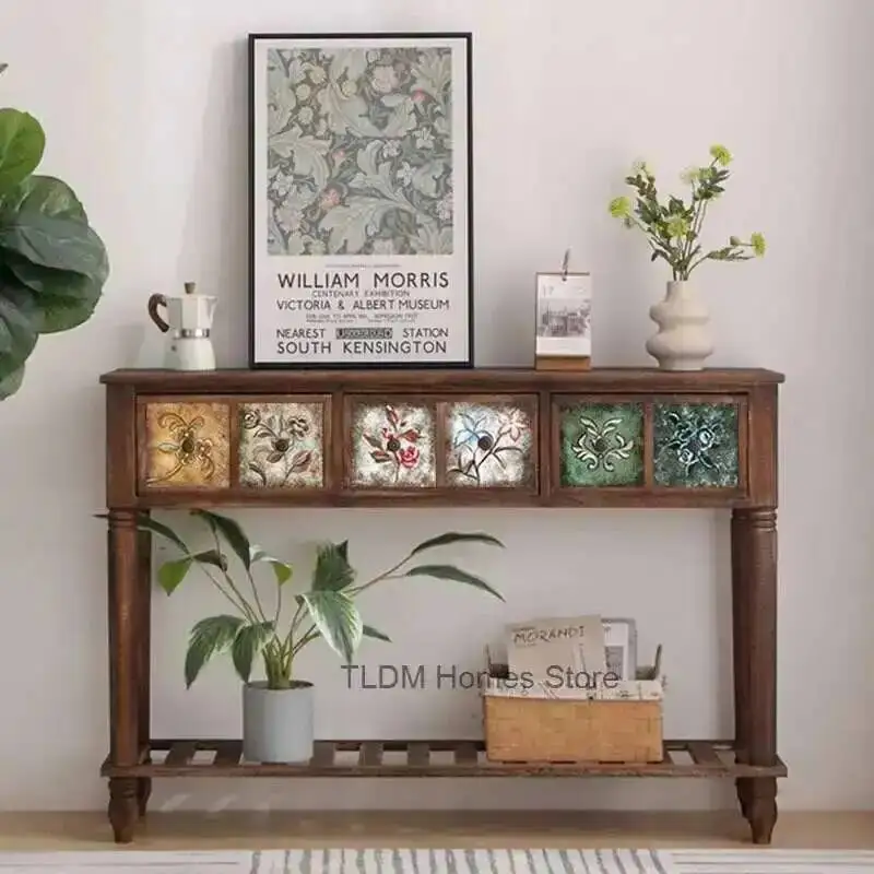 Solid Wood Console Table Home Corridor American Entry Hallway Table Retro Pattern Living Room Furniture Entrance Console Cabinet