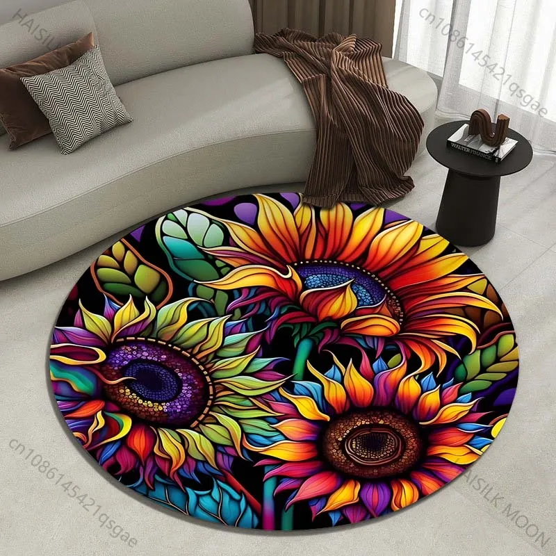 Colorful sunflower art Printed round carpet living room sofa table carpet large pet mat soft round carpet home decoration