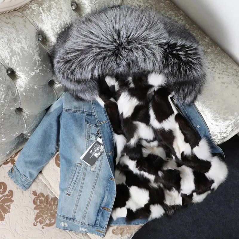 MAOMAOKONG – manteau en fourrure naturelle de renard véritable pour femme, veste en Jean à capuche, parka, vêtements d'hiver