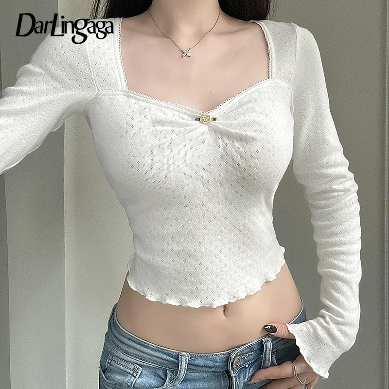 Darlingaga Bodycon يزين الأبيض المحاصيل الخريف تي شيرت الكورية موضة ساحة الرقبة الجاكار هدب تقليم تي شيرت Cutecore جديد Y2K