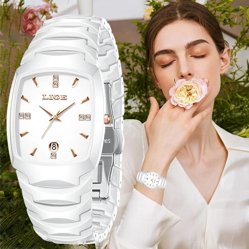 

Классические роскошные женские часы LIGE, элегантные модные повседневные часы с простым циферблатом, керамические кварцевые часы для женщин, женские часы, подарочная коробка