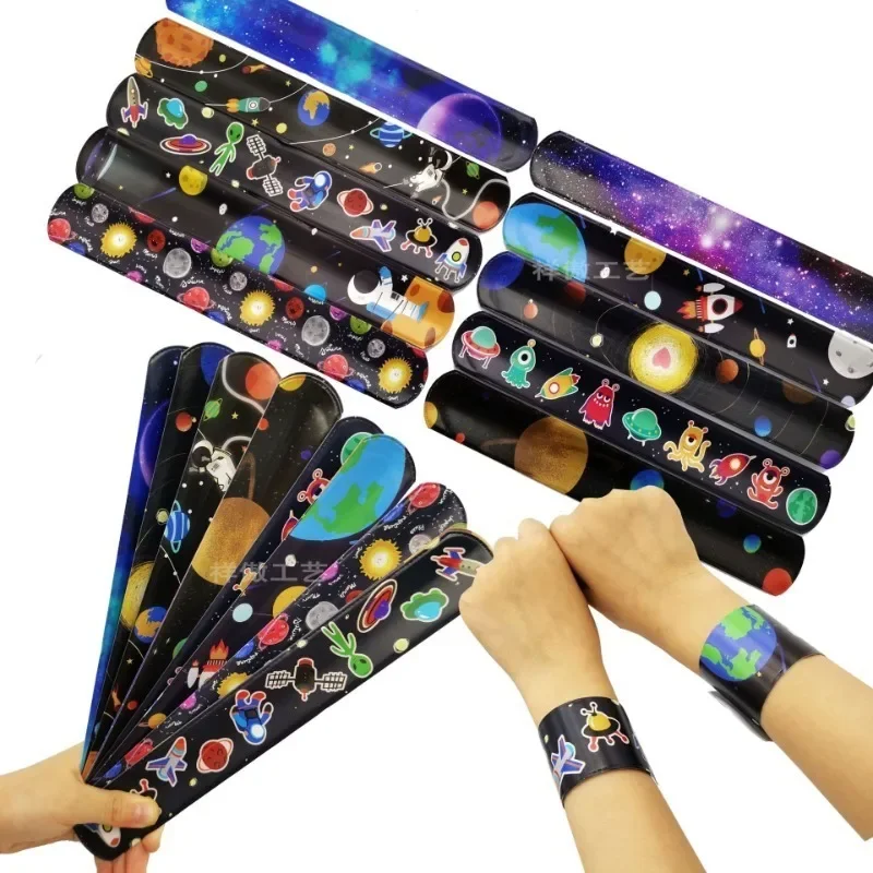 24pcs Creative Space Theme Moon Wrist Strap Planet Classroom Circles Slap Bracelet for Teens Men Women Friend Party Gifts