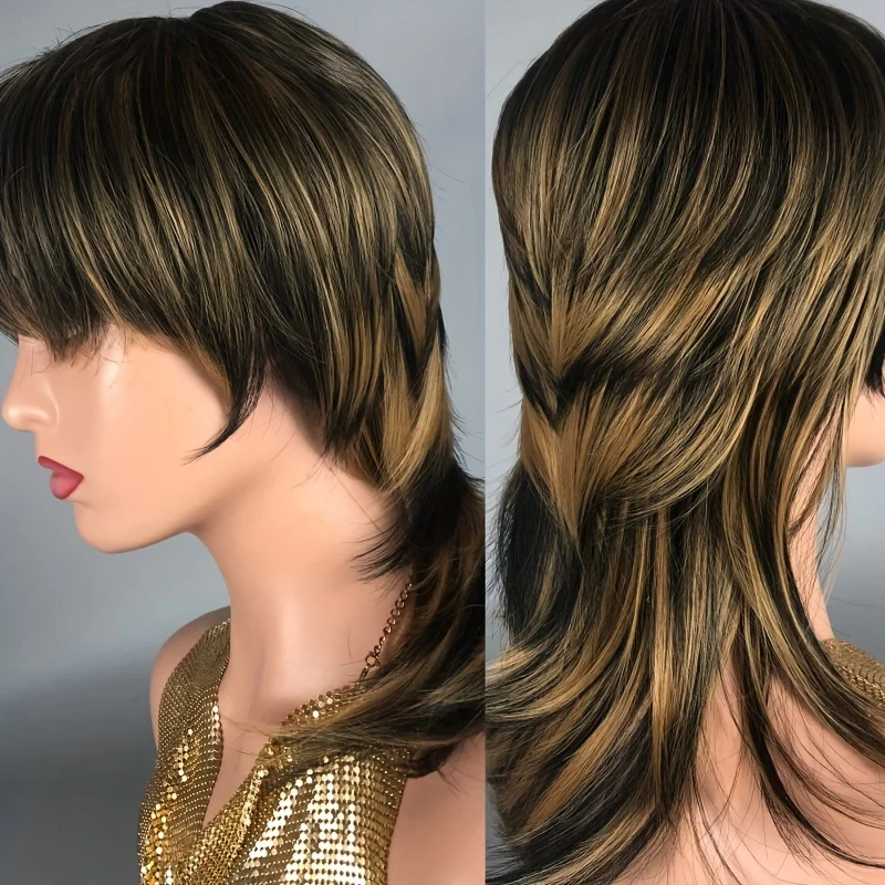 

Mullet Wig Dovetail Human Hair With Bangs 1B27 Color Pixie Cut Full Machine Made Wigs