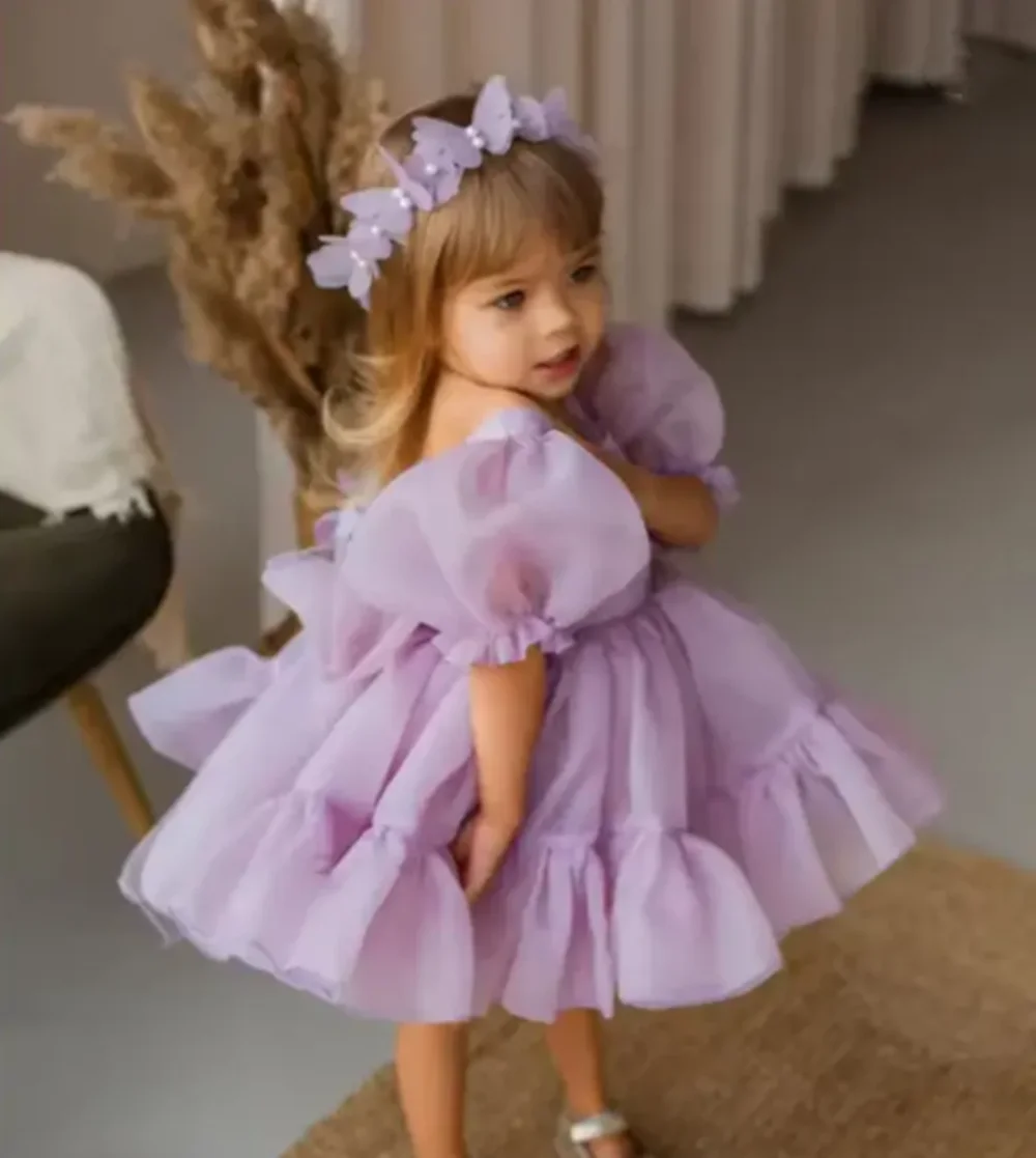 

Customized Lavender Flower Girl Dresses For Wedding Short Sleeves With Bow Fluffy Little Girl Birthday Party Formal Events Gown