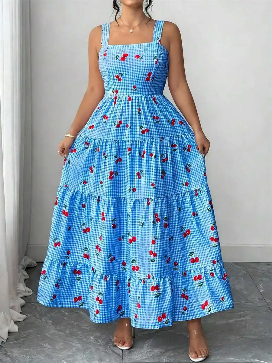 

Plus Size Sleeveless Plaid Cherry Print Tiered Maxi Dress