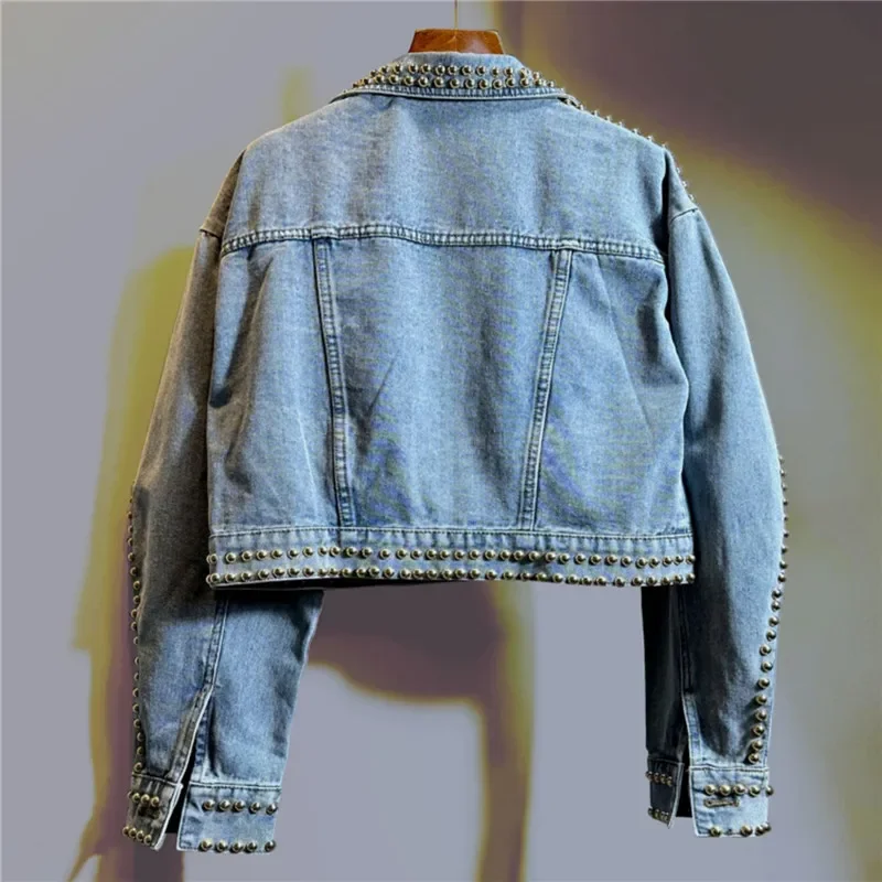 Heavy Work Rivet Diamond Big Pocket Denim Jacket Blue Casual Short Cardigan Coat Lapel Long Sleeve Female Jeans Jacket Spring - Image 2